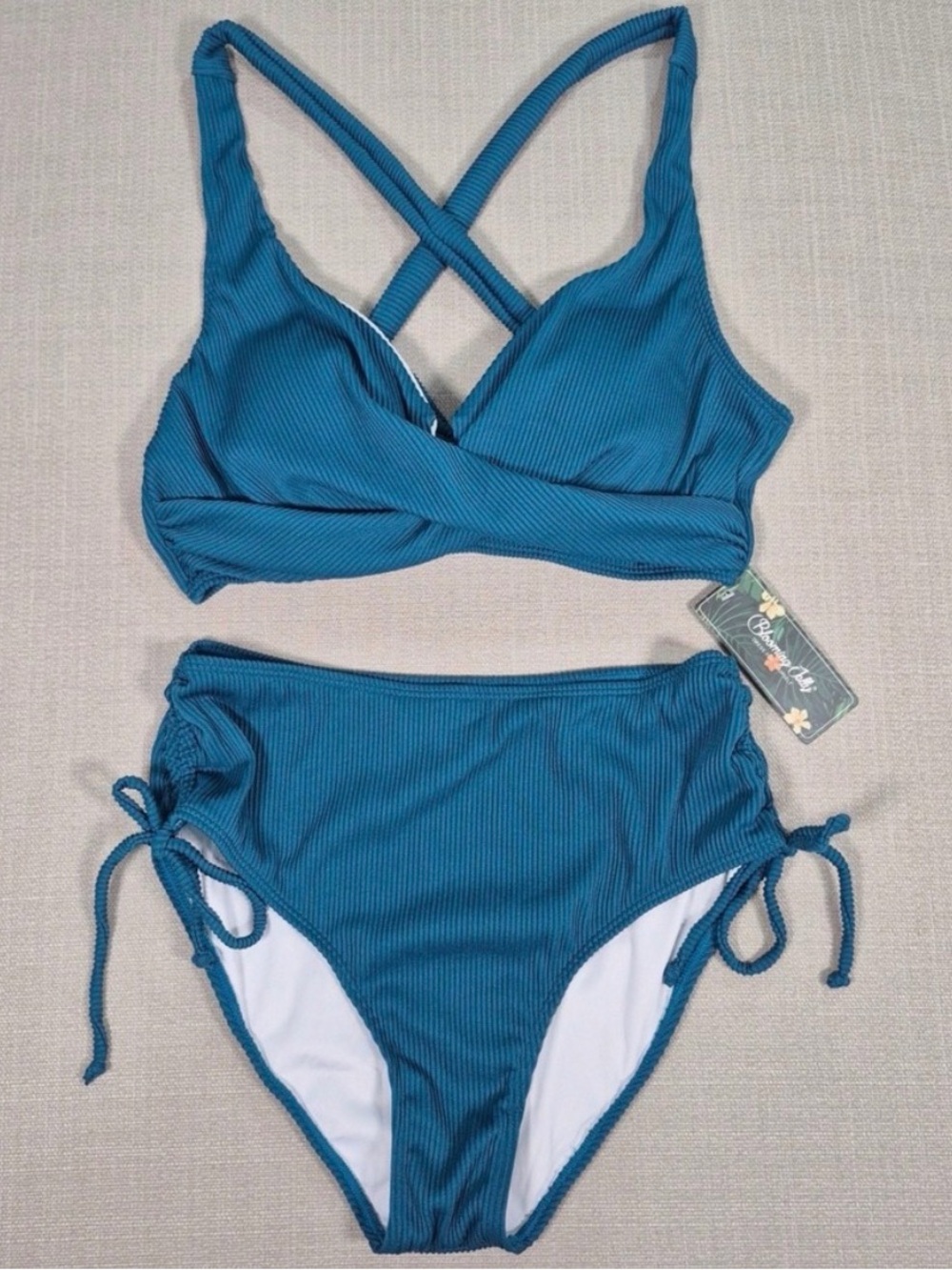 Blooming Jelly Womens Ribbed High Waisted Bikini Set Teal Blue Size M